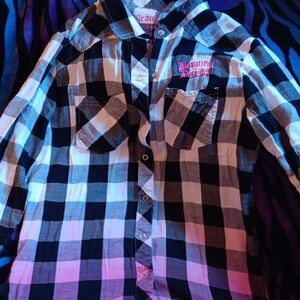 Womans Beautiful Disaster Black & White Plaid Button-Up Shirt